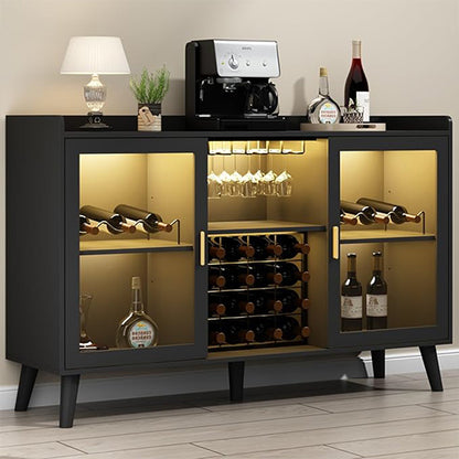 KoolSiln Wine Bar Cabinet with LED Light, Home Coffee Cabinet with Wine Rack and Glass Holder, Kitchen Buffet Sideboard W Storage Shelf, Freestanding Liquor Cabinet for Living Room, Dining Room (Black)