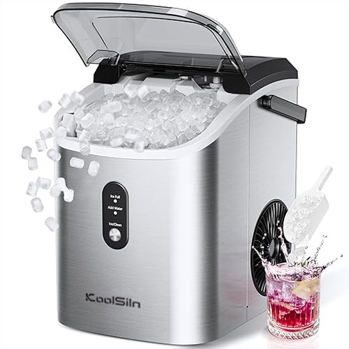 KoolSiln Nugget Ice Maker Countertop with Handle, Ready in 6 Mins, 34lbs Per Day, Removable Top Cover, Auto-Cleaning, Portable Sonic Ice Maker with Basket and Scoop, for Home/Party/RV/Camping (Silver)