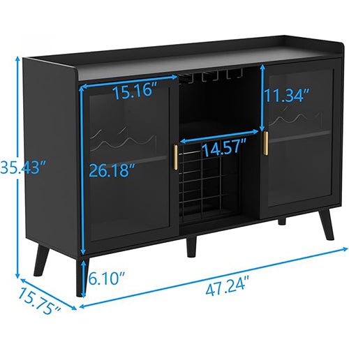 KoolSiln Wine Bar Cabinet with LED Light, Home Coffee Cabinet with Wine Rack and Glass Holder, Kitchen Buffet Sideboard W Storage Shelf, Freestanding Liquor Cabinet for Living Room, Dining Room (Black)