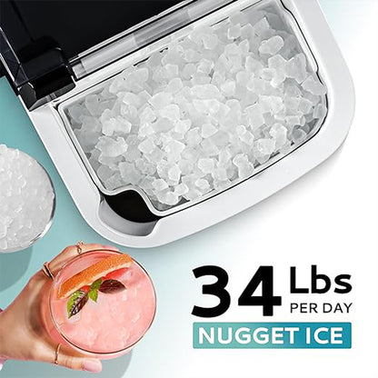 KoolSiln Nugget Ice Maker Countertop with Handle, Ready in 6 Mins, 34lbs Per Day, Removable Top Cover, Auto-Cleaning, Portable Sonic Ice Maker with Basket and Scoop, for Home/Party/RV/Camping (Silver)