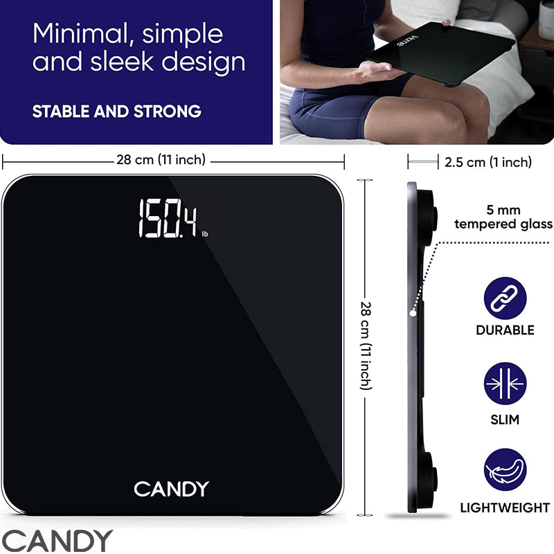 CANDY Digital Scale Step-On Bathroom Scale -High Precision Body Weight Scale - 400 lbs, Battery Powered with LED Display - Batteries Included -Great for Home Gym (Black)