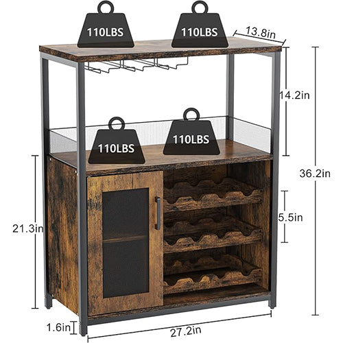 KoolSiln 3-Tier Wine Bar Cabinet with Detachable Wine Rack and Storage Space, Buffet Cabinet with Glass Holder and Mesh Door, for Kitchen, Living Room and Bar (Rustic Brown)