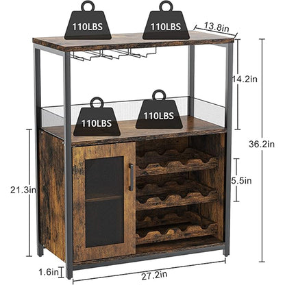 KoolSiln 3-Tier Wine Bar Cabinet with Detachable Wine Rack and Storage Space, Buffet Cabinet with Glass Holder and Mesh Door, for Kitchen, Living Room and Bar (Rustic Brown)