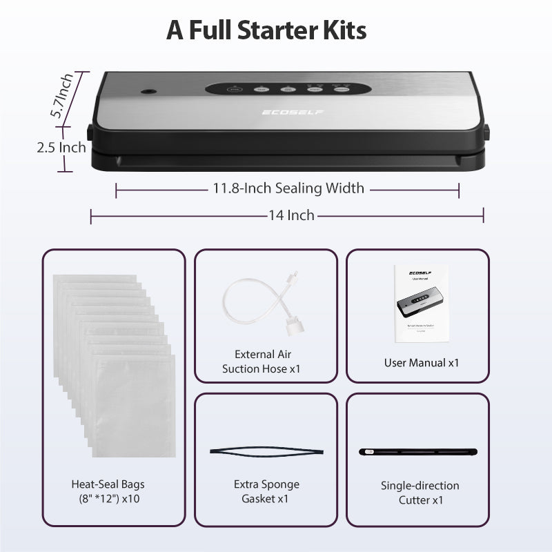 Ecoself Vacuum Sealer Machine, with 8-in-1 Function& Detachable Tray& Cutter& 10 Bags, Food Vacuum Sealer Saver Machine for Food Storage & Sous Vide,Automatic Sealing Machine,EXT-VAC,Stainless Steel