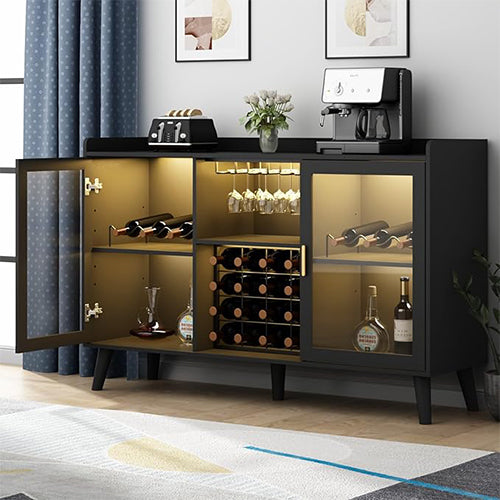 KoolSiln Wine Bar Cabinet with LED Light, Home Coffee Cabinet with Wine Rack and Glass Holder, Kitchen Buffet Sideboard W Storage Shelf, Freestanding Liquor Cabinet for Living Room, Dining Room (Black)