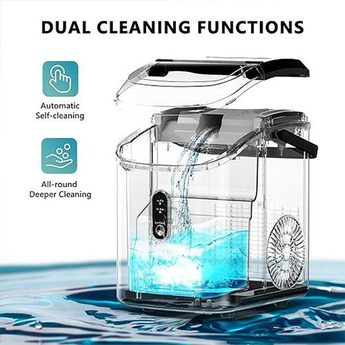 KoolSiln Nugget Ice Maker Countertop with Handle, Ready in 6 Mins, 34lbs Per Day, Removable Top Cover, Auto-Cleaning, Portable Sonic Ice Maker with Basket and Scoop, for Home/Party/RV/Camping (Silver)