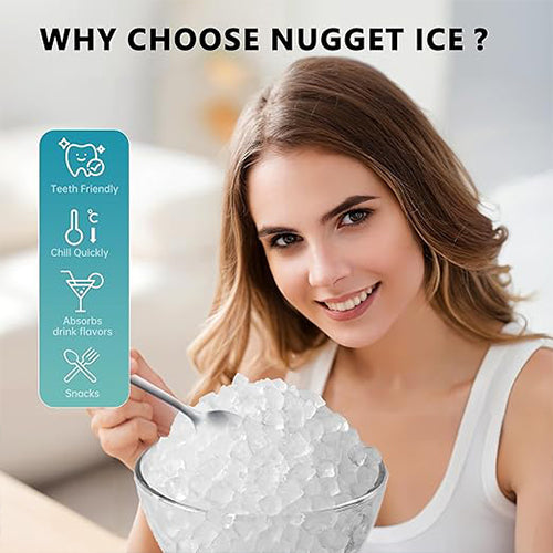 KoolSiln Nugget Ice Maker Countertop with Handle, Ready in 6 Mins, 34lbs Per Day, Removable Top Cover, Auto-Cleaning, Portable Sonic Ice Maker with Basket and Scoop, for Home/Party/RV/Camping (Silver)