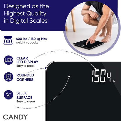 CANDY Digital Scale Step-On Bathroom Scale -High Precision Body Weight Scale - 400 lbs, Battery Powered with LED Display - Batteries Included -Great for Home Gym (Black)