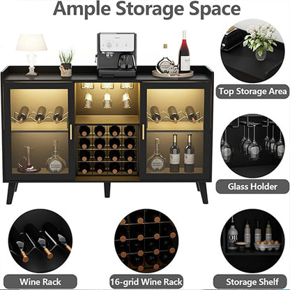 KoolSiln Wine Bar Cabinet with LED Light, Home Coffee Cabinet with Wine Rack and Glass Holder, Kitchen Buffet Sideboard W Storage Shelf, Freestanding Liquor Cabinet for Living Room, Dining Room (Black)