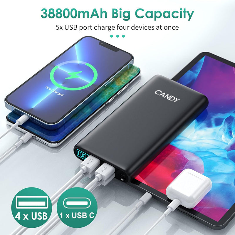 CANDY Portable Charger 38800mAh,LCD Display Power Bank,5 USB Outputs Battery Pack Backup, USB-C in&out Dual Input Phone Charging Compatible with iPhone 15/14/13 Pro Max/12,Android Samsung Galaxy Pixel Nexus