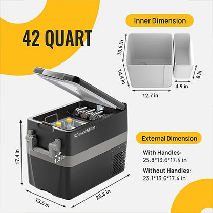 KoolSiln 2V Fridge Freezer Portable Car Fridge 42 Quart Portable Refrigerator 12V/24V DC 110~240 Volt AC for RV Camper Truck Jeep Pickup SUV Van Boat, Camping Tailgating Road Trip Outdoor Travel