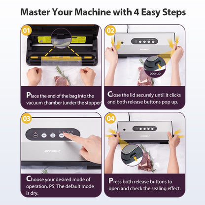 Ecoself Vacuum Sealer Machine, with 8-in-1 Function& Detachable Tray& Cutter& 10 Bags, Food Vacuum Sealer Saver Machine for Food Storage & Sous Vide,Automatic Sealing Machine,EXT-VAC,Stainless Steel