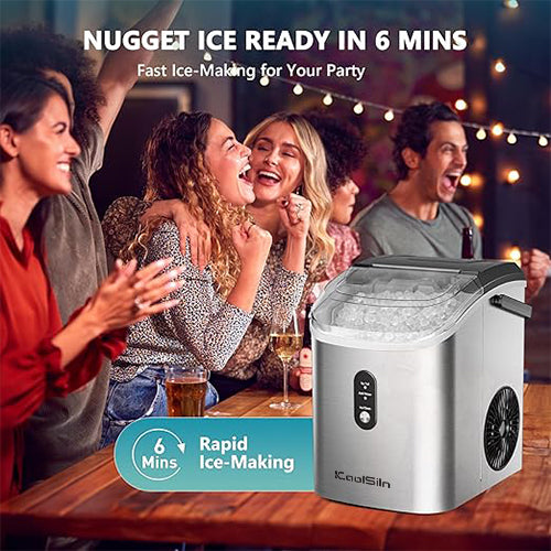 KoolSiln Nugget Ice Maker Countertop with Handle, Ready in 6 Mins, 34lbs Per Day, Removable Top Cover, Auto-Cleaning, Portable Sonic Ice Maker with Basket and Scoop, for Home/Party/RV/Camping (Silver)