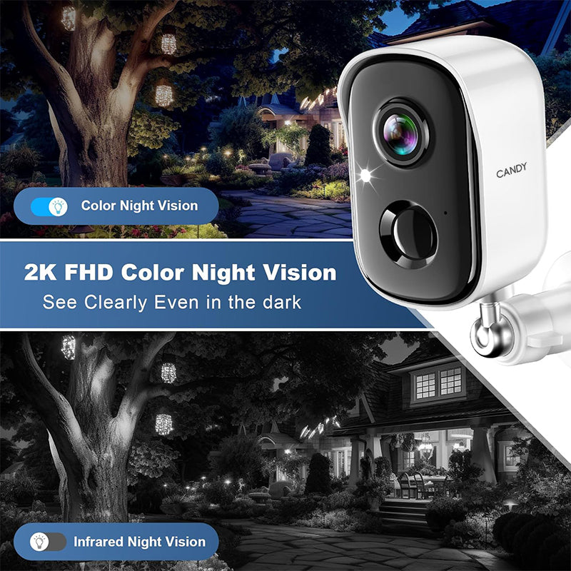 CANDY Security Cameras Wireless Outdoor, 2K Battery Powered WiFi Cameras for Home Security with AI Motion Detection, Color Night Vision, Spotlight, Siren, Waterproof, SD/Cloud Storage