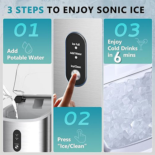 KoolSiln Nugget Ice Maker Countertop with Handle, Ready in 6 Mins, 34lbs Per Day, Removable Top Cover, Auto-Cleaning, Portable Sonic Ice Maker with Basket and Scoop, for Home/Party/RV/Camping (Silver)