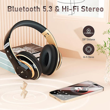 YoRsmart Bluetooth Headphones Over Ear, 6S Wireless Headphones Wired with 6 EQ Modes, 40 Hours Playtime Foldable HiFi Stereo Headset with Microphone, FM/TF for Cellphone/PC/Work (Black & Gold)