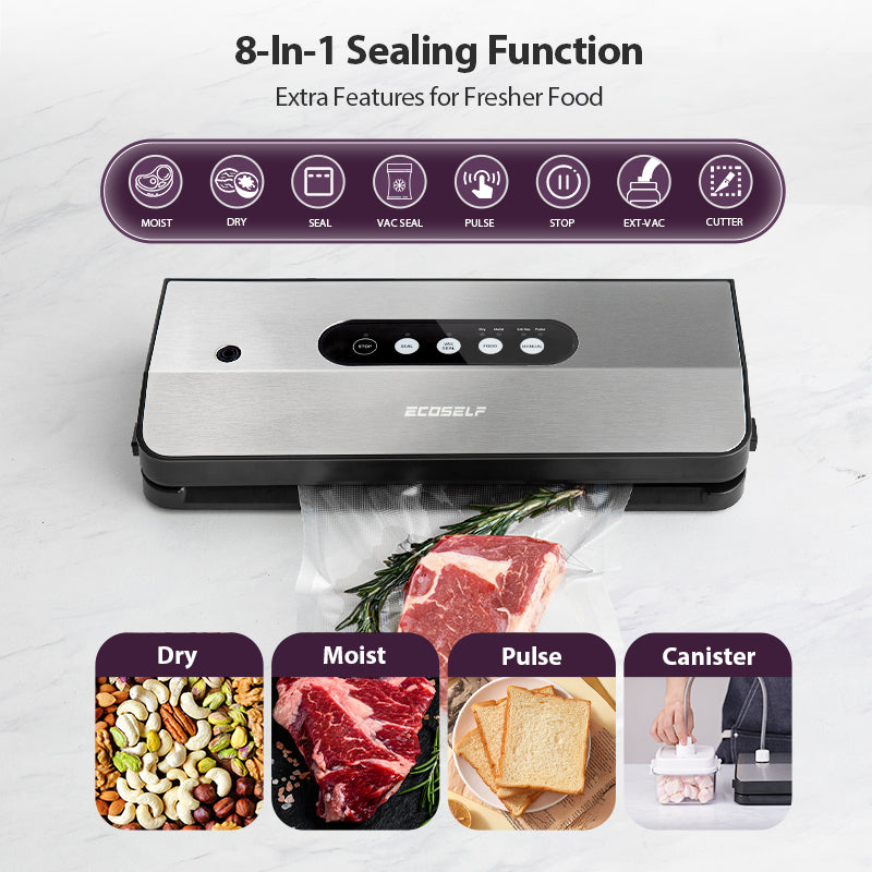 Ecoself Vacuum Sealer Machine, with 8-in-1 Function& Detachable Tray& Cutter& 10 Bags, Food Vacuum Sealer Saver Machine for Food Storage & Sous Vide,Automatic Sealing Machine,EXT-VAC,Stainless Steel